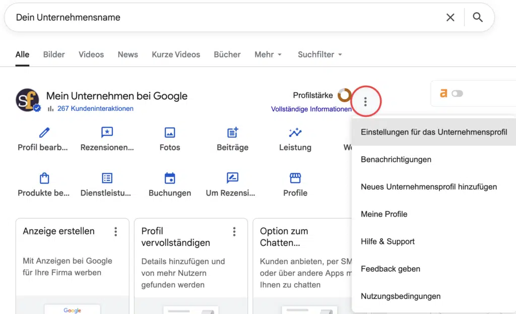 Dreipunkt-Menü zum Öffnen der Einstellungen des Google-Unternehmensprofils