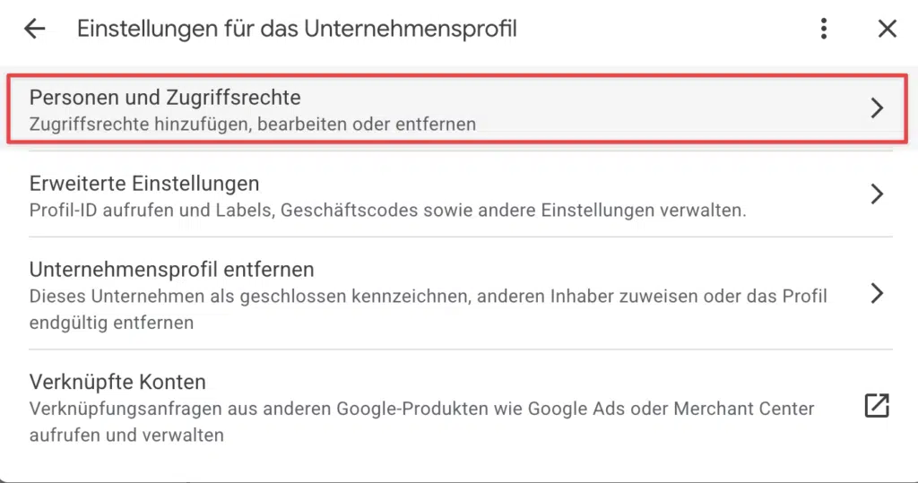 Menüpunkt Einstellungen für das Unternehmensprofil aufrufen