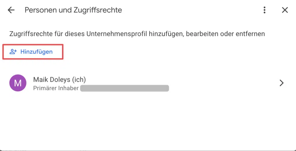 Personen und Zugriff: neue Person zum Google-Unternehmensprofil hinzufügen