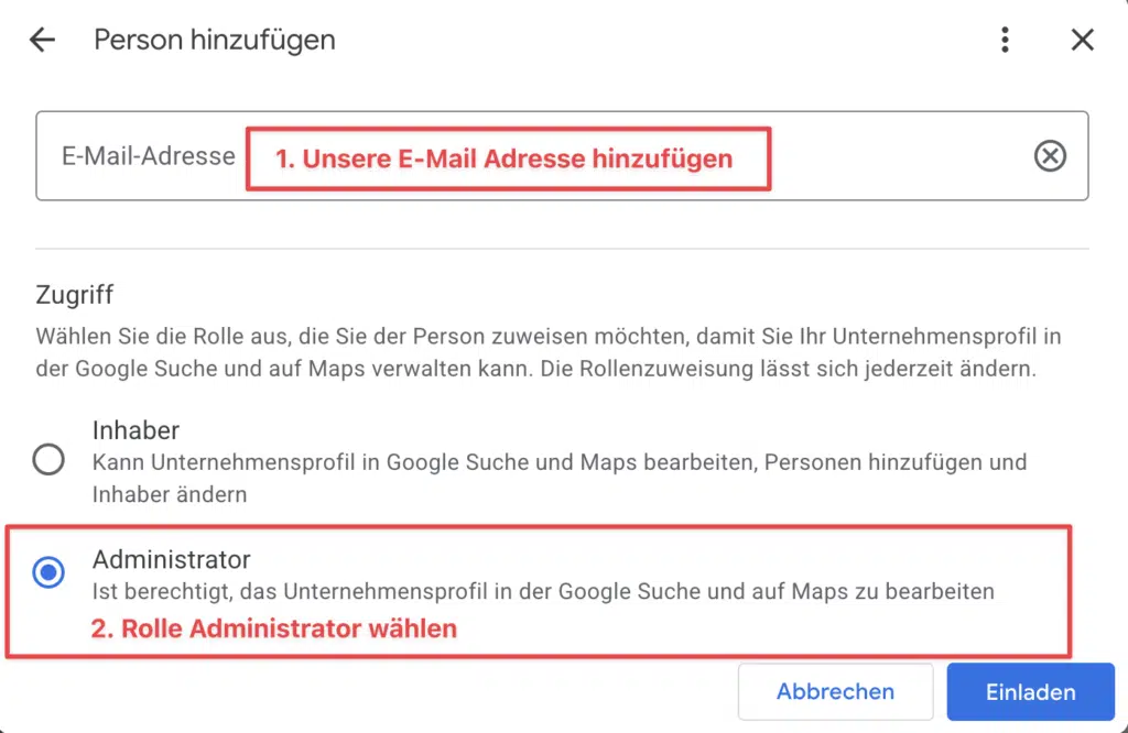 Rolle Administrator auswählen und Einladung versenden